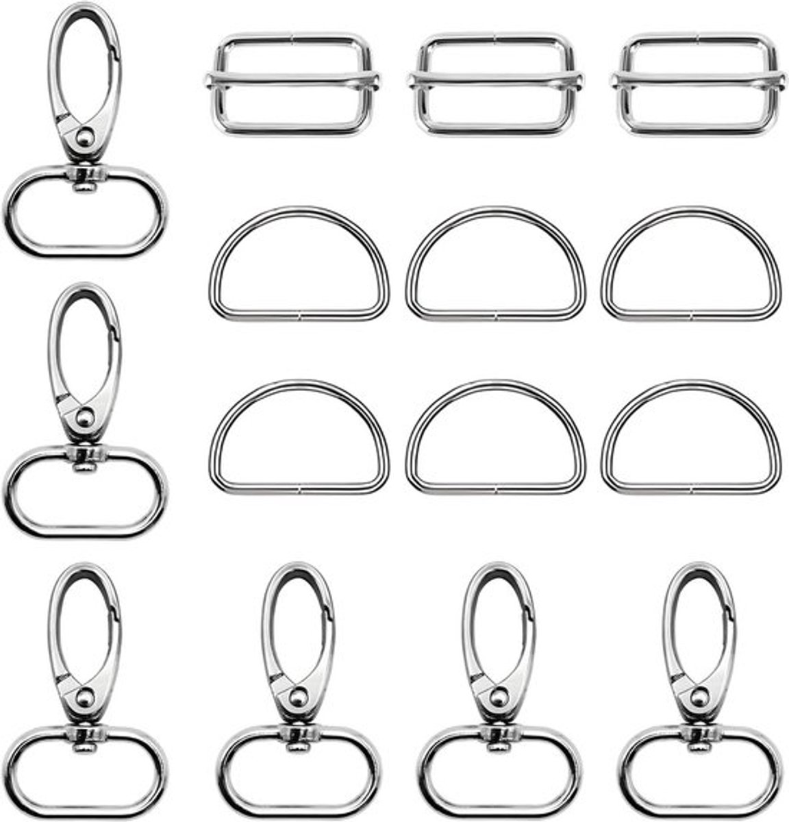 Set van 15 Carabiner Haken voor Tassen - 38 mm Draaihaak, D-Ringen, Metaalaccessoires voor Doe-Het-Zelf Tassen en Hondenhalsbanden, Duurzaam en Corrosiebestendig
