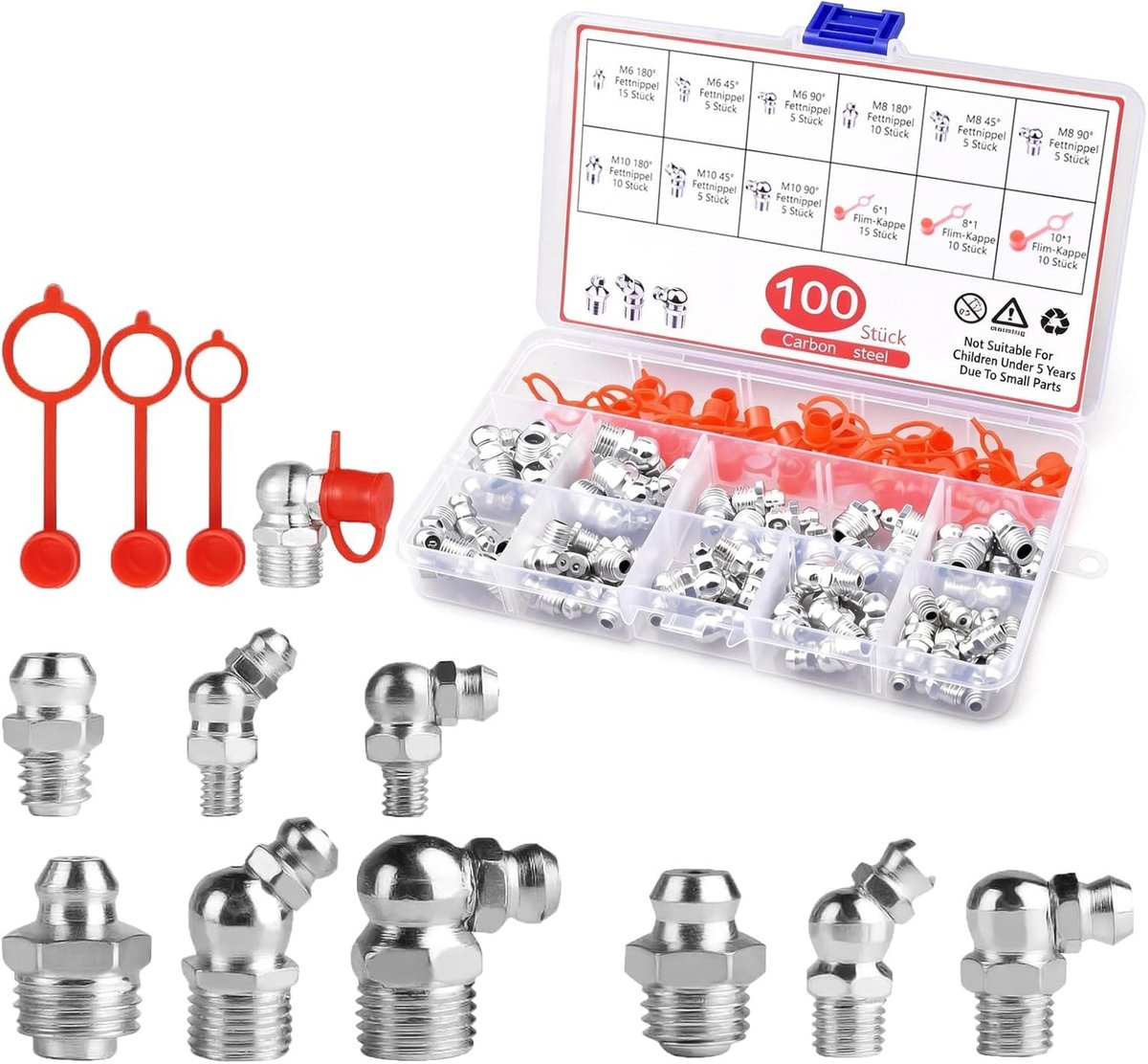 Assortiment van 100 Stuks Smeernippels, M6 M8 M10, Rechte en Hoekige Smeernippels voor Vet en Hydraulica met Beschermkappen, Perfect voor Onderhoud en Reparatie