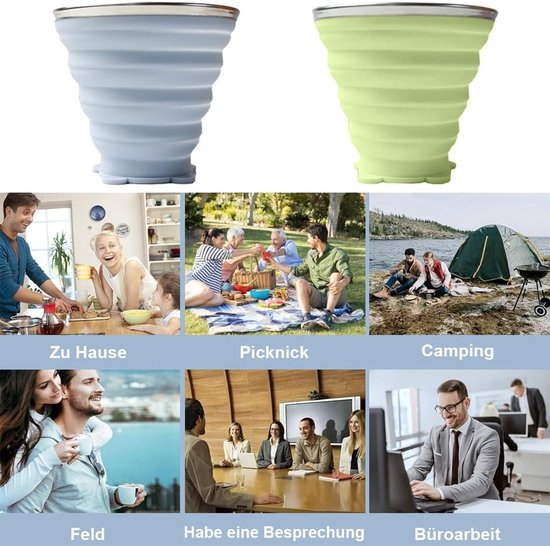 SnelShoppen - 2 Stuks Opvouwbare Siliconen Bekers met Deksel, Herbruikbare Reisbekers, 270ml, Lichtblauw en Matcha Groen, Perfect voor Kamperen, Pickn — afbeelding 4