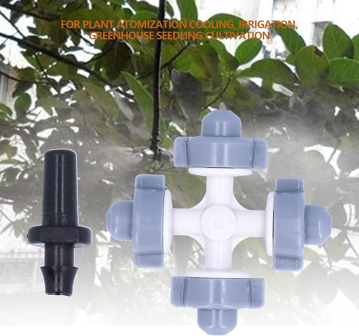 SnelShoppen - 50 Set 4-Weg Misting Nozzles met Kleine Haak, Micro Spray Sproeikop, Plastic Tuin Irrigatie Dripper Spray Nozzle voor Landbouw en Kassen