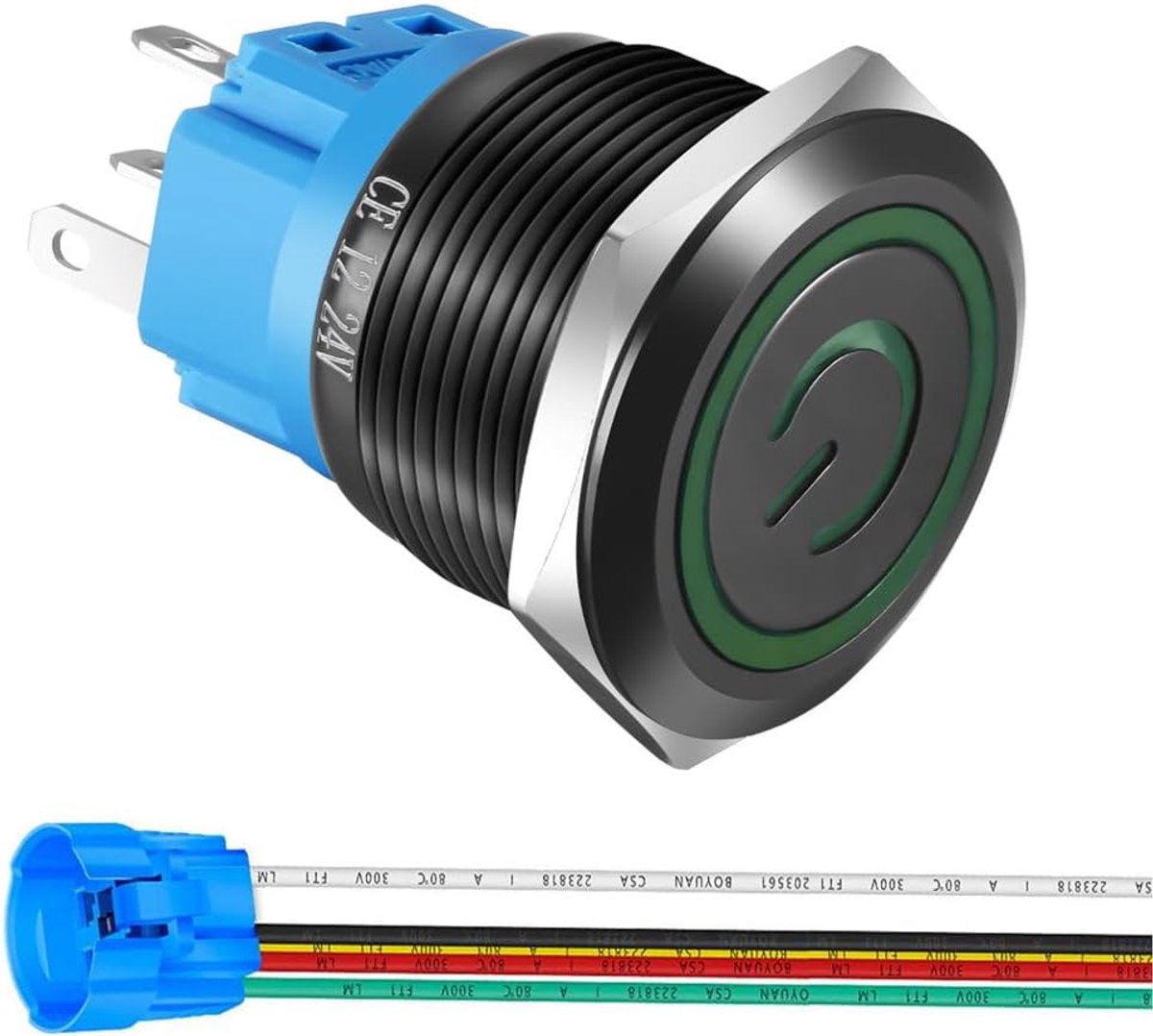 SnelShoppen - Gebilde 22mm RVS Vergrendelbare Drukknop Schakelaar 12V-24V/5A Met LED Power Symbool Groen IP65 Waterdicht 1NO1NC SPDT AAN UIT Schakelaa