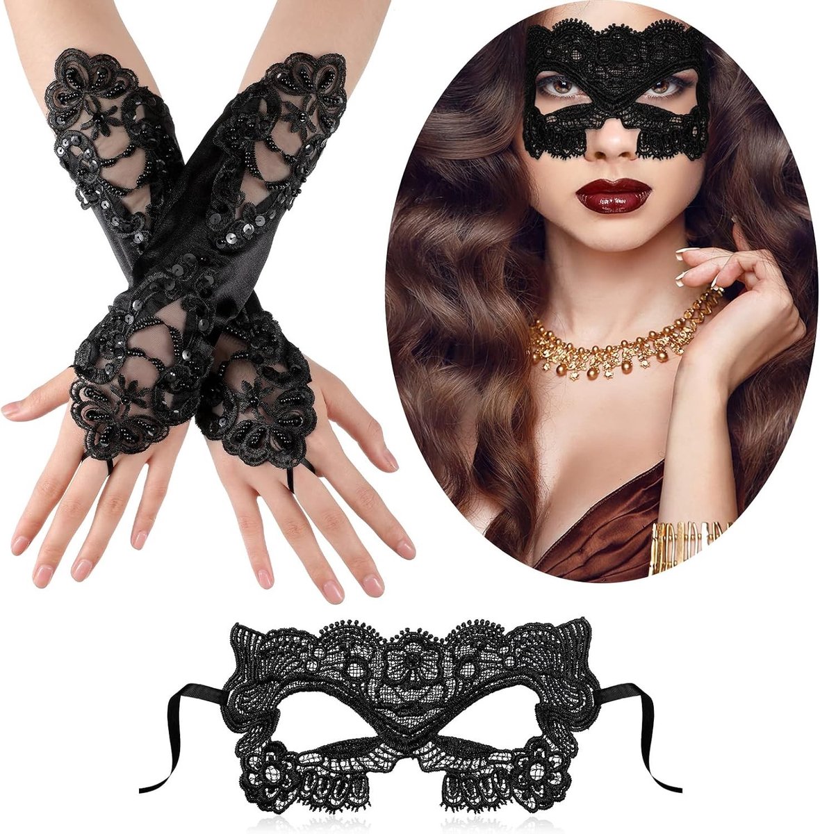 Set van 2 Halloween Kostuumaccessoires voor Dames, Zwart Kantmasker en Vingerloze Handschoenen, Perfect voor Feest, Cosplay en Carnaval