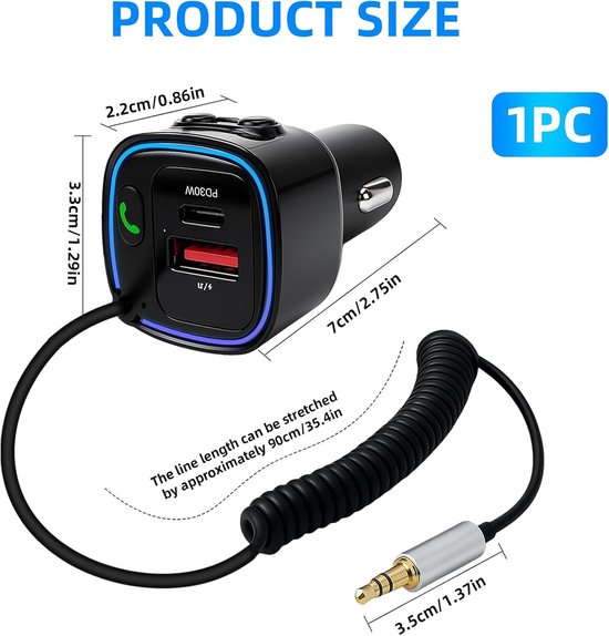 Bluetooth Ontvanger voor Auto - Zwart - 5,4 mm AUX - Snellader met 42 W - Voor Smartphone en Auto — afbeelding 2