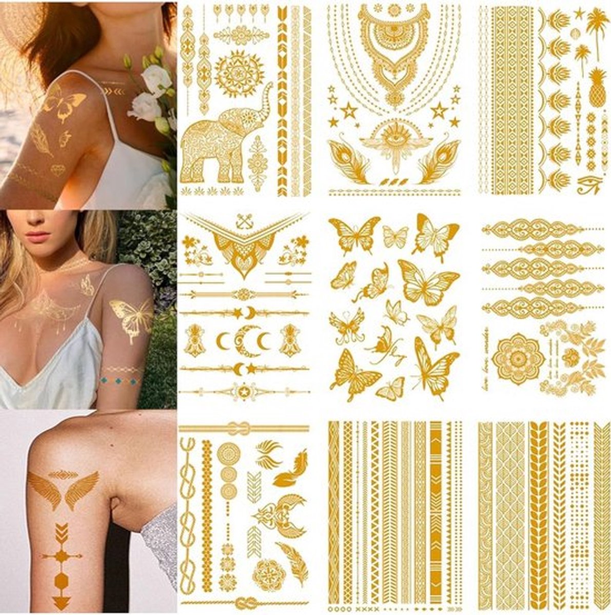Gouden tijdelijke tattoos, 9 bladen met metallic designs, feestaccessoires voor volwassenen en dagelijkse gebruik voor meisjes en vakantie.