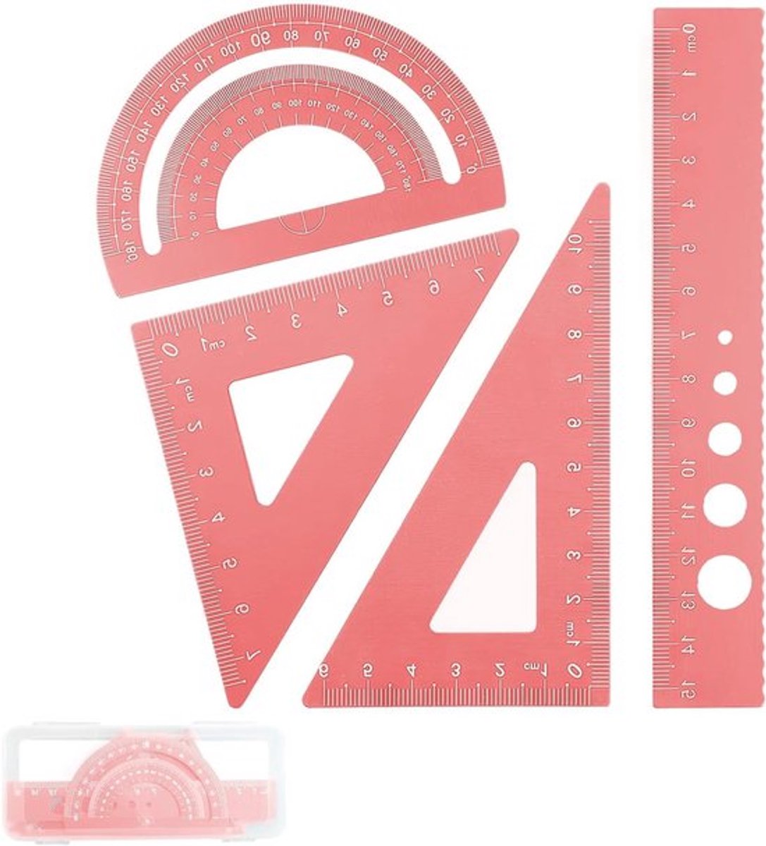 6 inch, 4-delige metalen liniaalset met afgeronde hoeken voor veilig gebruik, ideaal voor wiskunde en geometrie, perfect voor studenten en docenten, roze