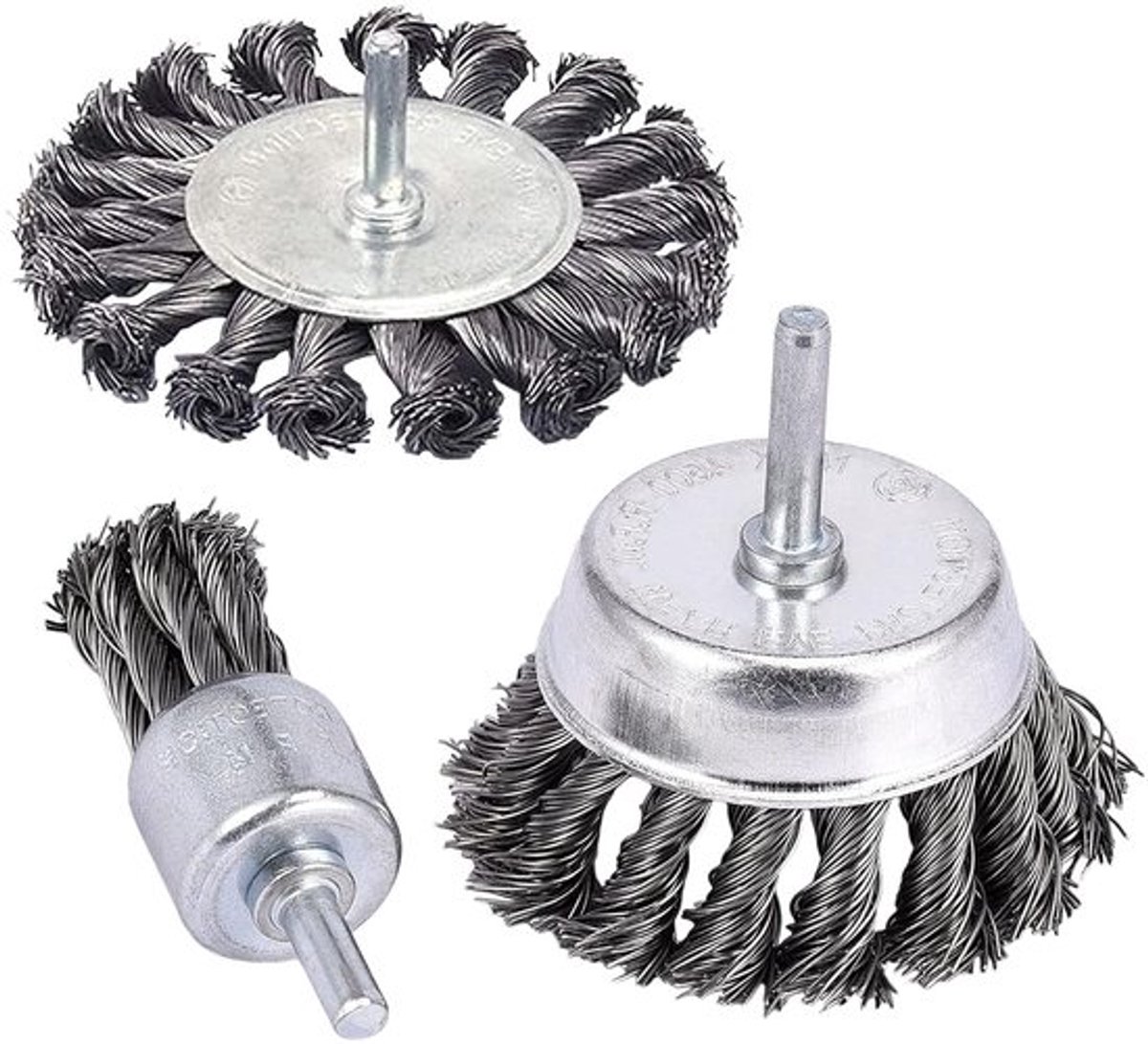 Set van 3 Draadborstels voor het Verwijderen van Roest, Corrosie en Verf - 8cm en 1 Inch Borstels met 1/4 Inch Schacht
