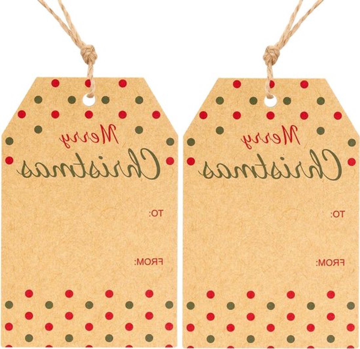 Kerstcadeau Labels: 50 Stuks Bruine Etiketten 8.5x5.5cm met Rode en Groene Puntjes en 10m Touw voor Verpakking, DIY en Feestdecoratie
