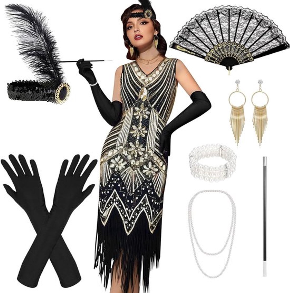 Vrouwelijk 1920s Kostuum met V-hals, Pailletten, Parels en Franje voor Carnaval en Feestjes