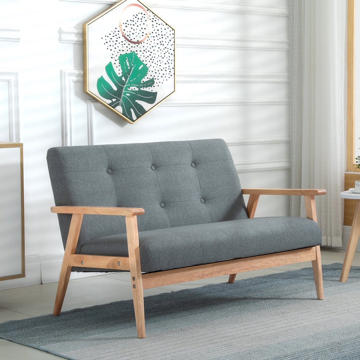 MIVRAY 2-Zitsbank 115 x 66,5 x 73 Cm - Compact Loveseat Met Geknoopte Rugleuning - Voor Woonkamer En Kleine Ruimtes - Linnen - Grijs