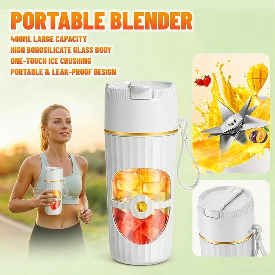 Draagbare Blender - Mini Mixer - Verse Dranken Maken - 10 Roestvrijstalen Messen - 400 ml Container - Wit — afbeelding 5