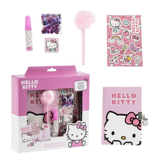 Roze Hello Kitty dagboek set met slot, pluizige pen, glitters, stickers en lijm, in de doos en ernaast.