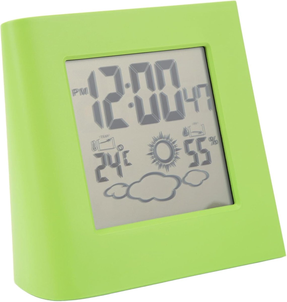 SnelShoppen - Milieuvriendelijke Zonne-Alarmklok Bure klok met LCD Display voor Weer, Zonne-opladen, Temperatuur en Vochtigheid Sensor, Groene Kleur