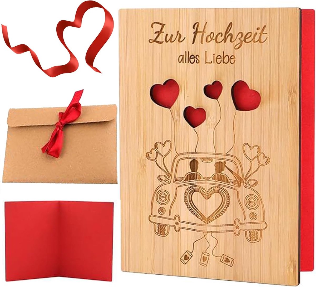 SnelShoppen - Houten Wenskaart met Envelop, Romantische Trouwwenskaart, Verjaardagsuitnodigingen, Rode Kaart, Liefdesboom voor Trouwen, Valentijnsdag