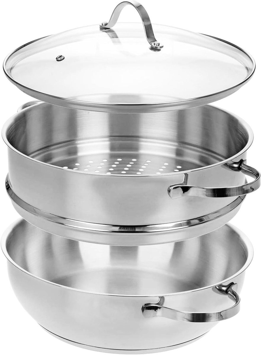 Stoompan met inzet - Stoomkoker groente - Gezond koken - Voor alle warmtebronnen - 28 cm diameter - Zilverkleurig