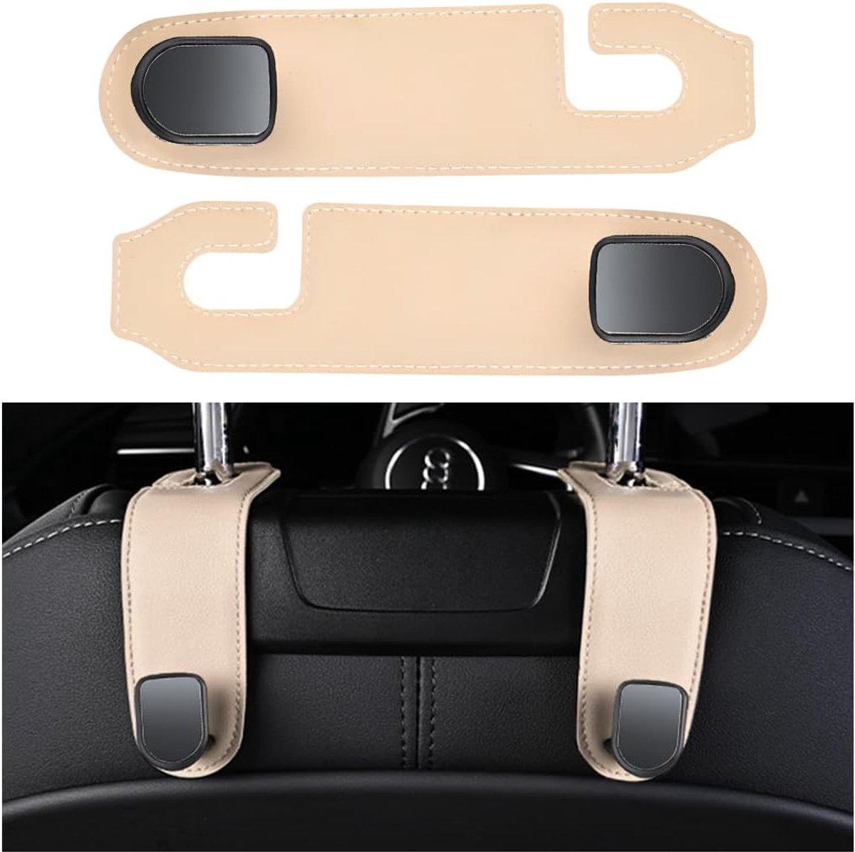 SnelShoppen - 2 Stuks Auto Achterbank Hoofdsteun Haken, Multifunctionele Duurzame Auto Haken, Universele Hoofdsteun Haak in Beige, Ideaal voor Auto Or