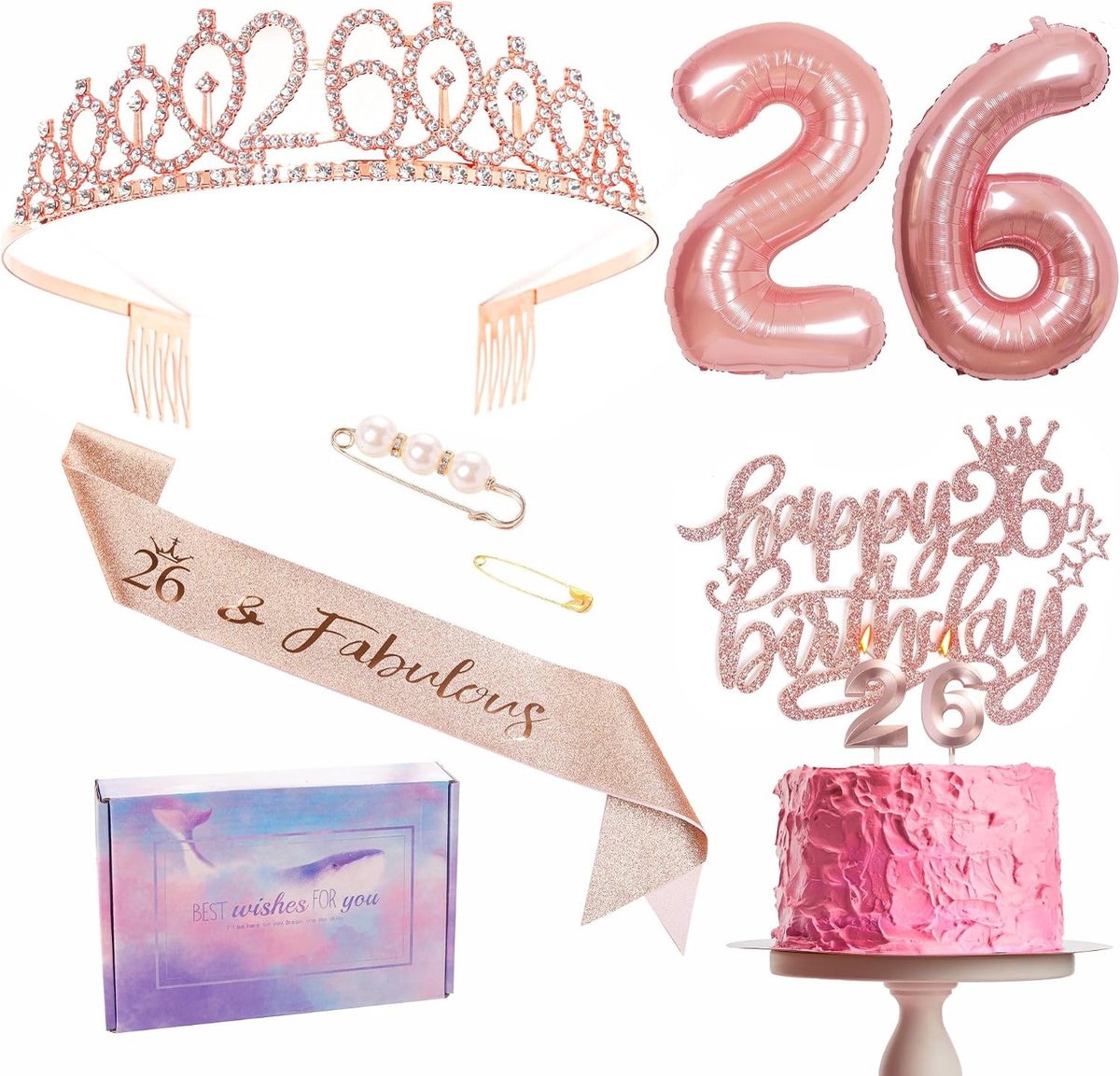SnelShoppen - Roze Gouden Verjaardagsdecoratie voor 26e Verjaardag: Tiara, Sjerp, Taarttopper, Ballonnen, Kaarsen en Cadeaus voor Haar