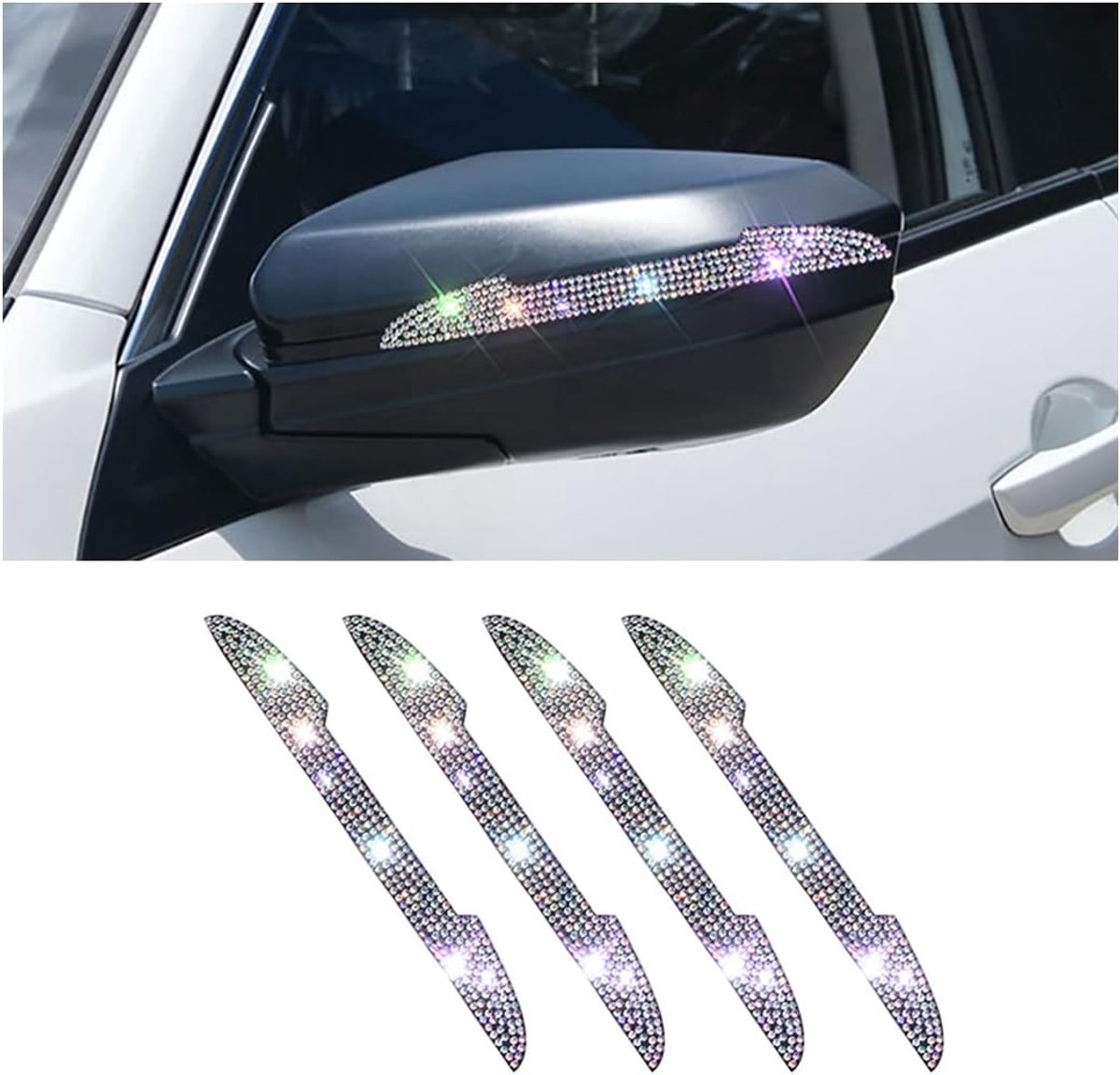 SnelShoppen - 4 Stuks Achteruitkijkspiegels, Decoratieve Strepen, Rhinestone Bling Auto Deurgreep Krassen Bescherming, Rhinestone Antikras Crash Voork