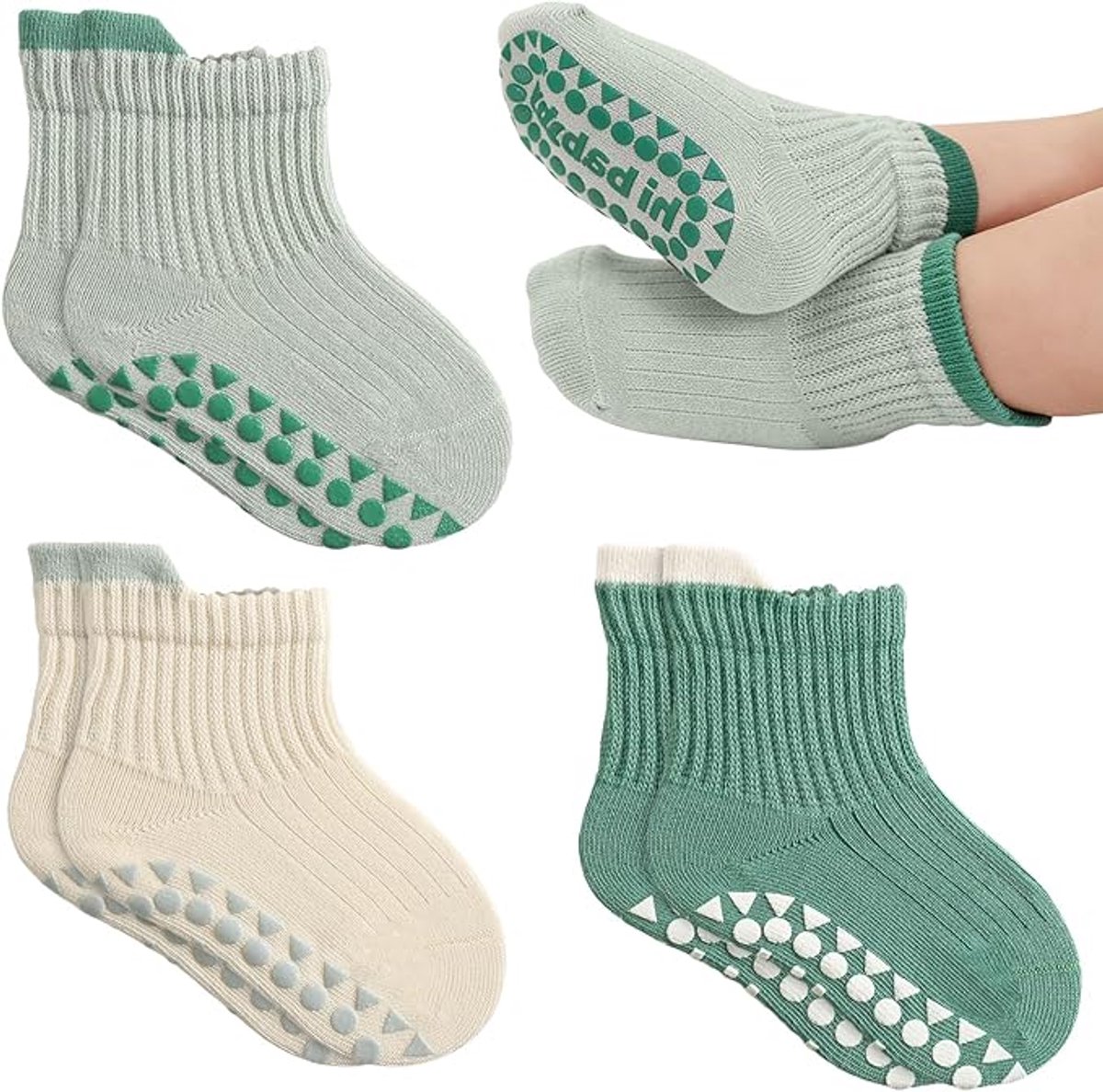Set van 3 paren geribbelde antislip mid-kalf babysokjes maat S, zachte katoen vloersokjes met gekleurde siliconen gripzool voor baby’s 0 tot 1 jaar, veilig kruipen en lopen binnenshuis