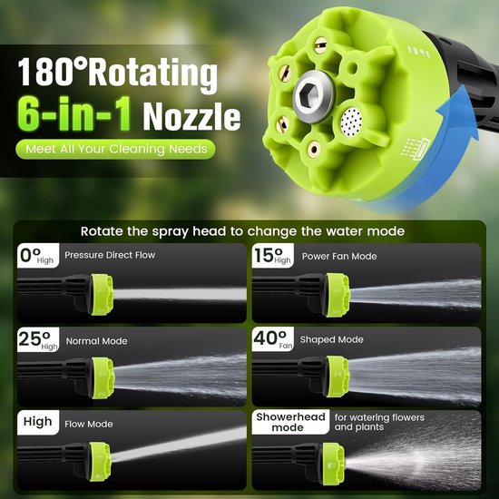 Accu-hogedrukreiniger - Groen - 100 bar - 600 l/u met 6-in-1 mondstuk - Voor Auto, Tuin, Balkon en Terras — afbeelding 2