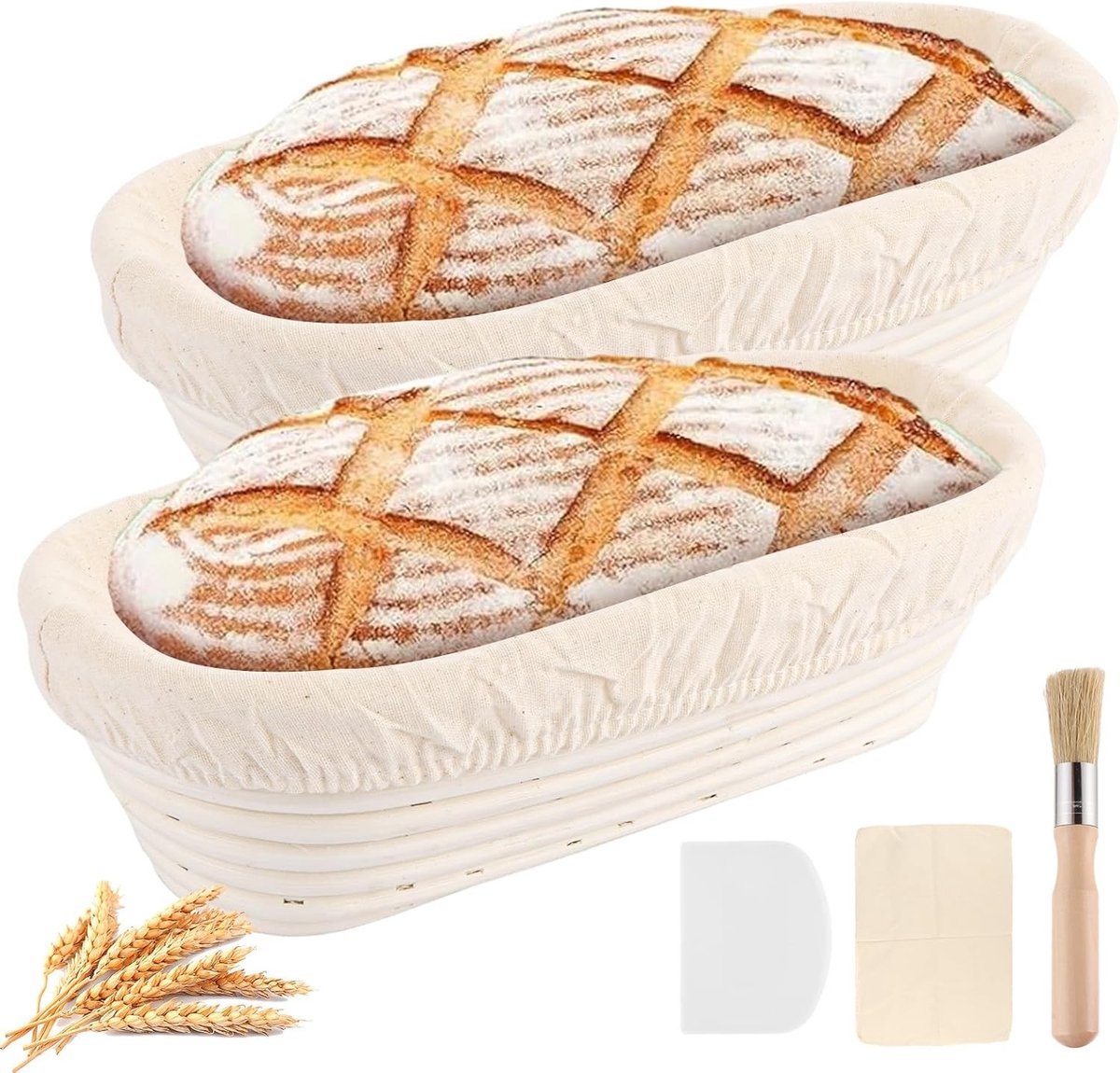 Rijsmand - Natuurlijk Rotan - 28 x 14 x 8 cm - Gistmand voor Brood met Borstel en Spatel - Voor Thuisbakkers