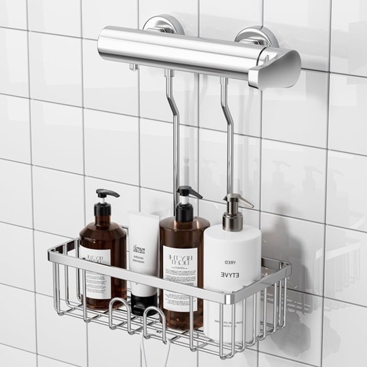 Hangende doucherek, driekhoekige badkamerrek voor shampoo en zeep, RVS, 30 x 13 x 8,5 cm, geen boren nodig