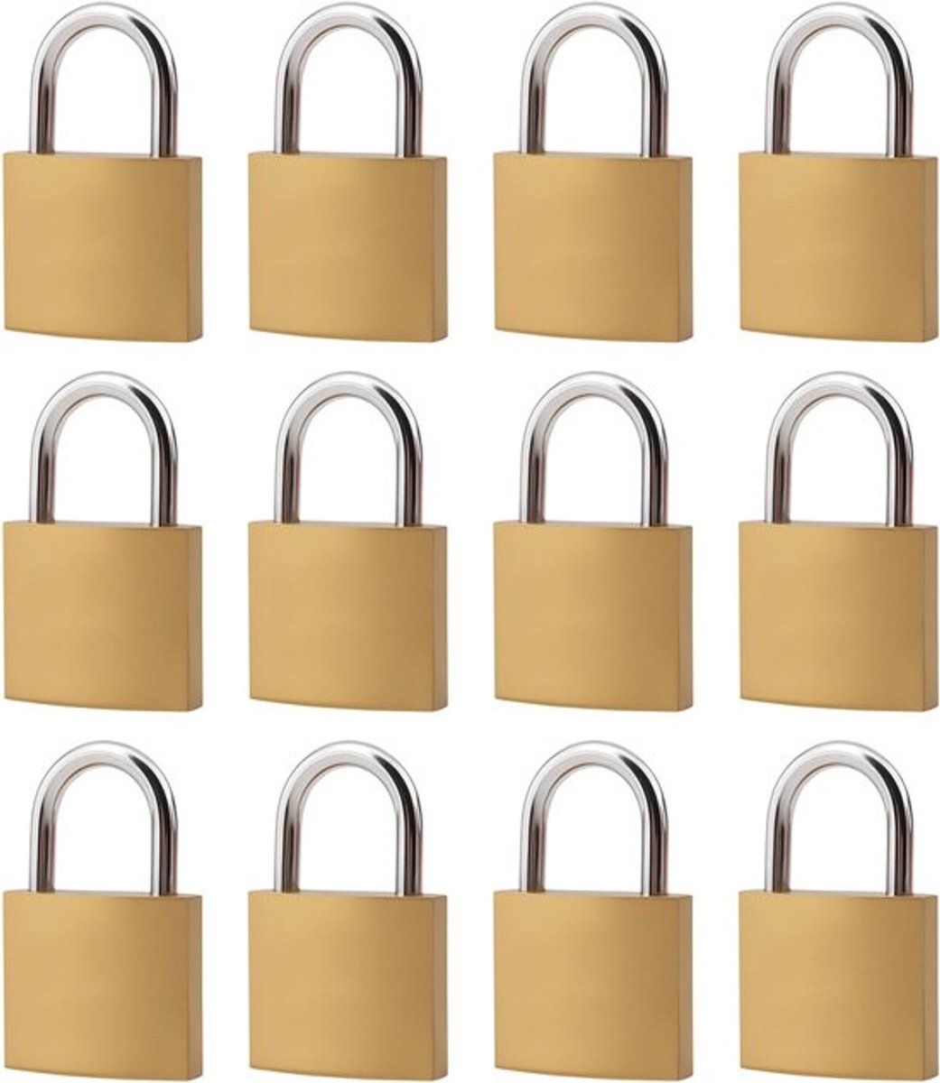 Klein messing hangslot 12 stuks met sleutels, mini-hangsloten voor koffers en gymkluisjes, 32 x 12 x 50 mm