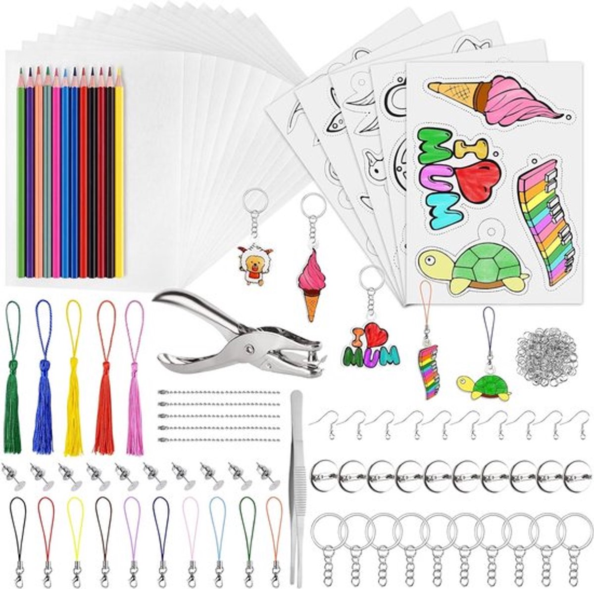 Krimpplastic Kit voor Creatieve DIY-ornamenten - Inclusief Krimpfolie, pons, pincet en sleutelhangeraccessoires - Perfect voor ambachtelijke projecten en kunstwerken, 194 stuks