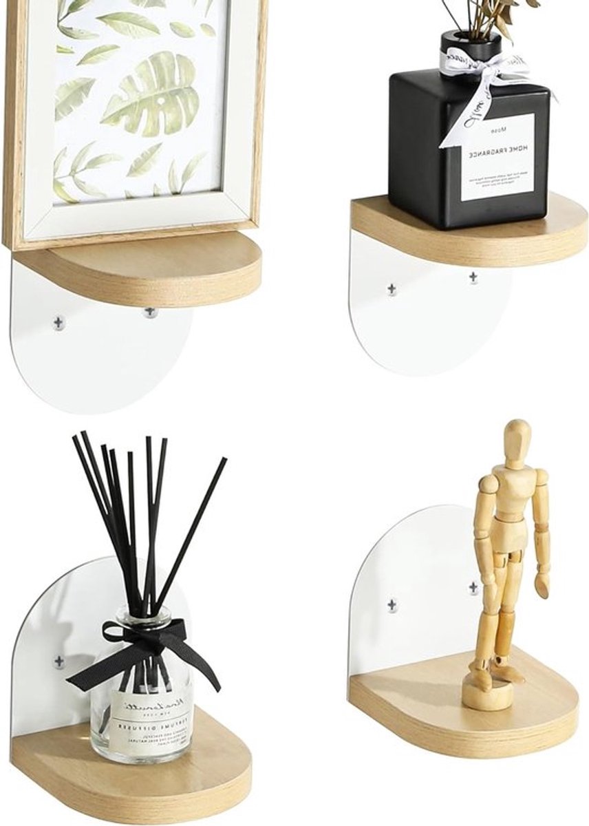 Set van 4 Zwevende Planken, Zelfklevende Wandplanken van Hout, Ideaal voor Woonkamer, Slaapkamer en Keuken