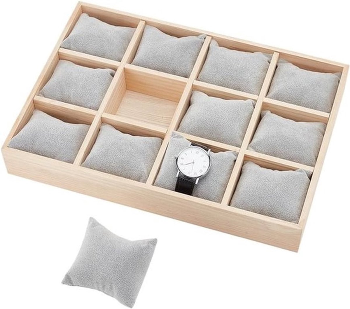 Houten Horloge Organizer met 12 Vakken, Verwijderbare Fluwelen Kussens, Stapelbare Sieradenhouder en Ladesysteem voor Horloges en Armbanden, Grijs