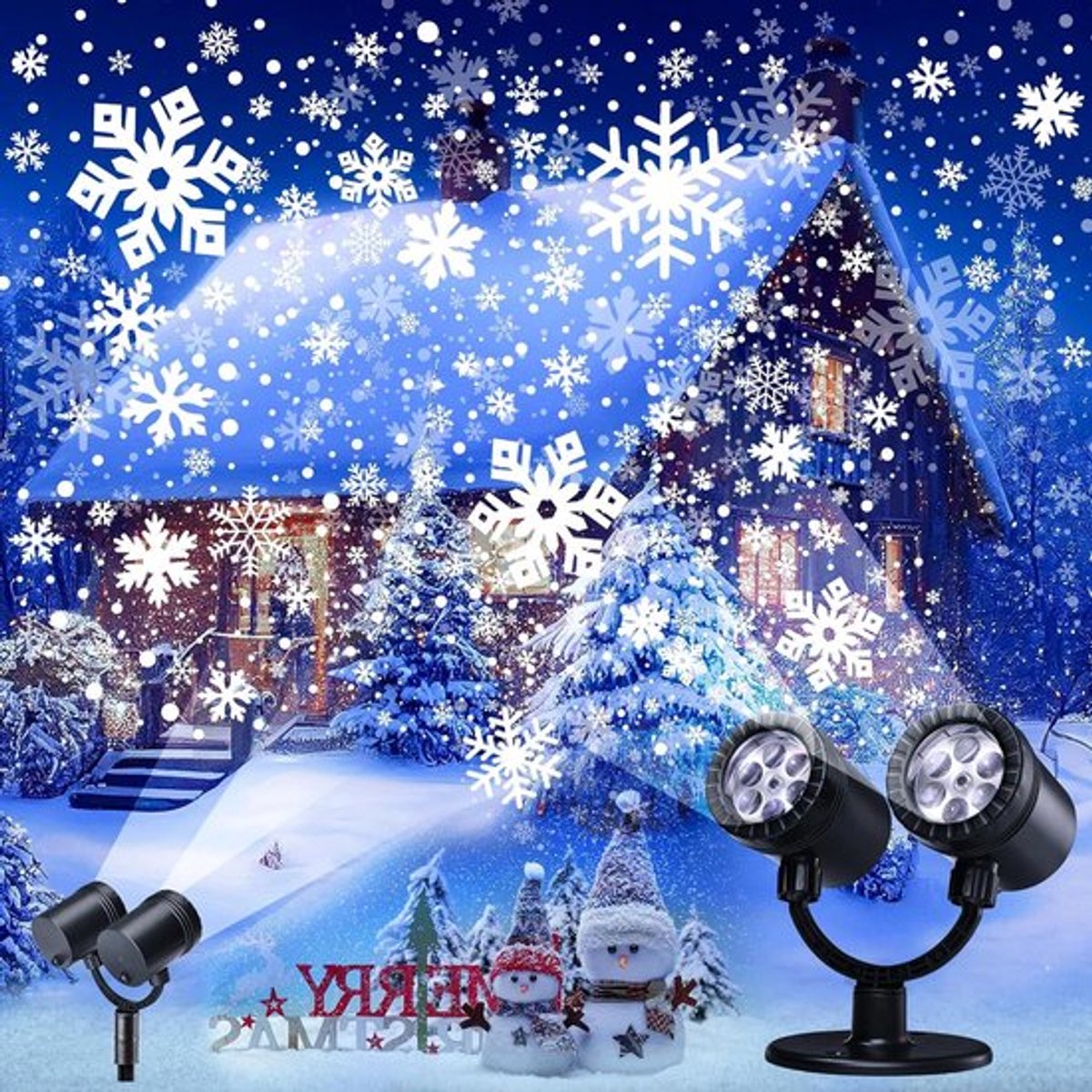 Projector voor Buiten met Dubbele Kop, Dynamische LED Sneeuwvlokken, Waterdichte Kerstverlichting voor Tuin, Raam, Muur en Feestdecoratie