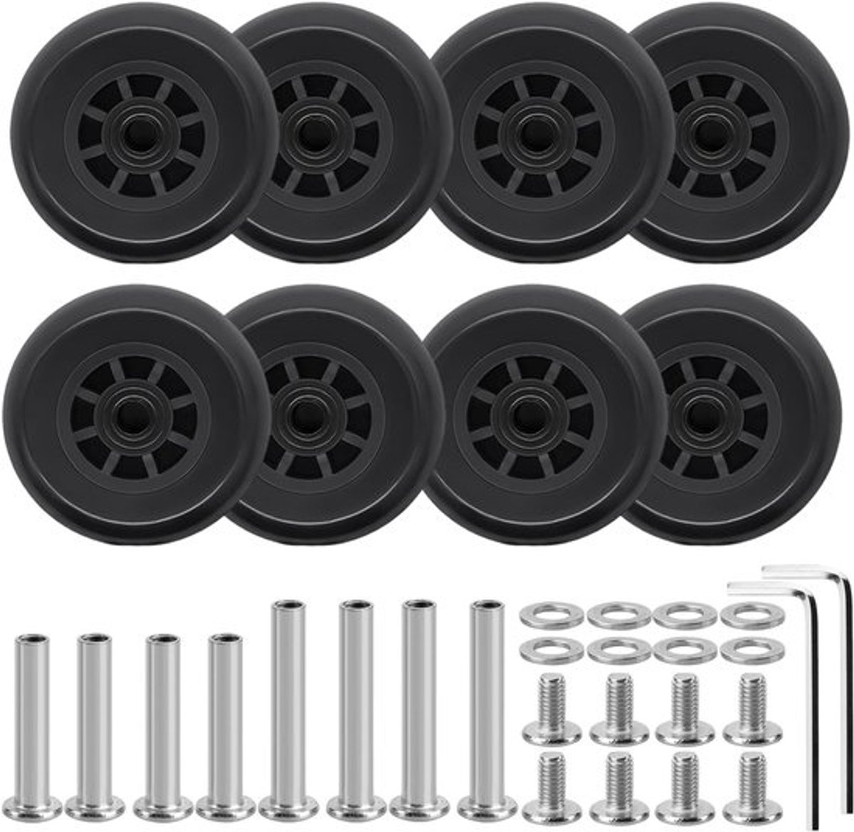 Set van 8 Vervangwielen voor Koffers 50 x 22 mm - Universele Rollen met Schroeven en Sleutel - Zwart en Zilver, Duurzaam en Lichtgewicht