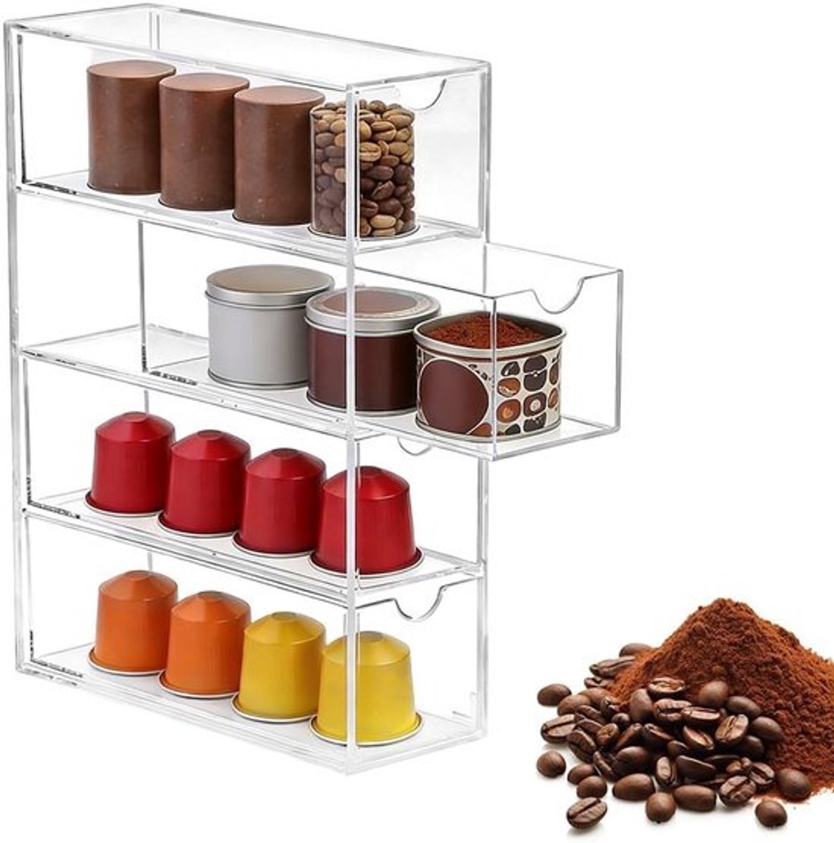 Opslagbak voor Koffiecapsules met 4 Lades - Transparante Acrylaat Houder 24.7x17.5x6.5cm Geschikt voor Alle Capsules en Koffieaccessoires