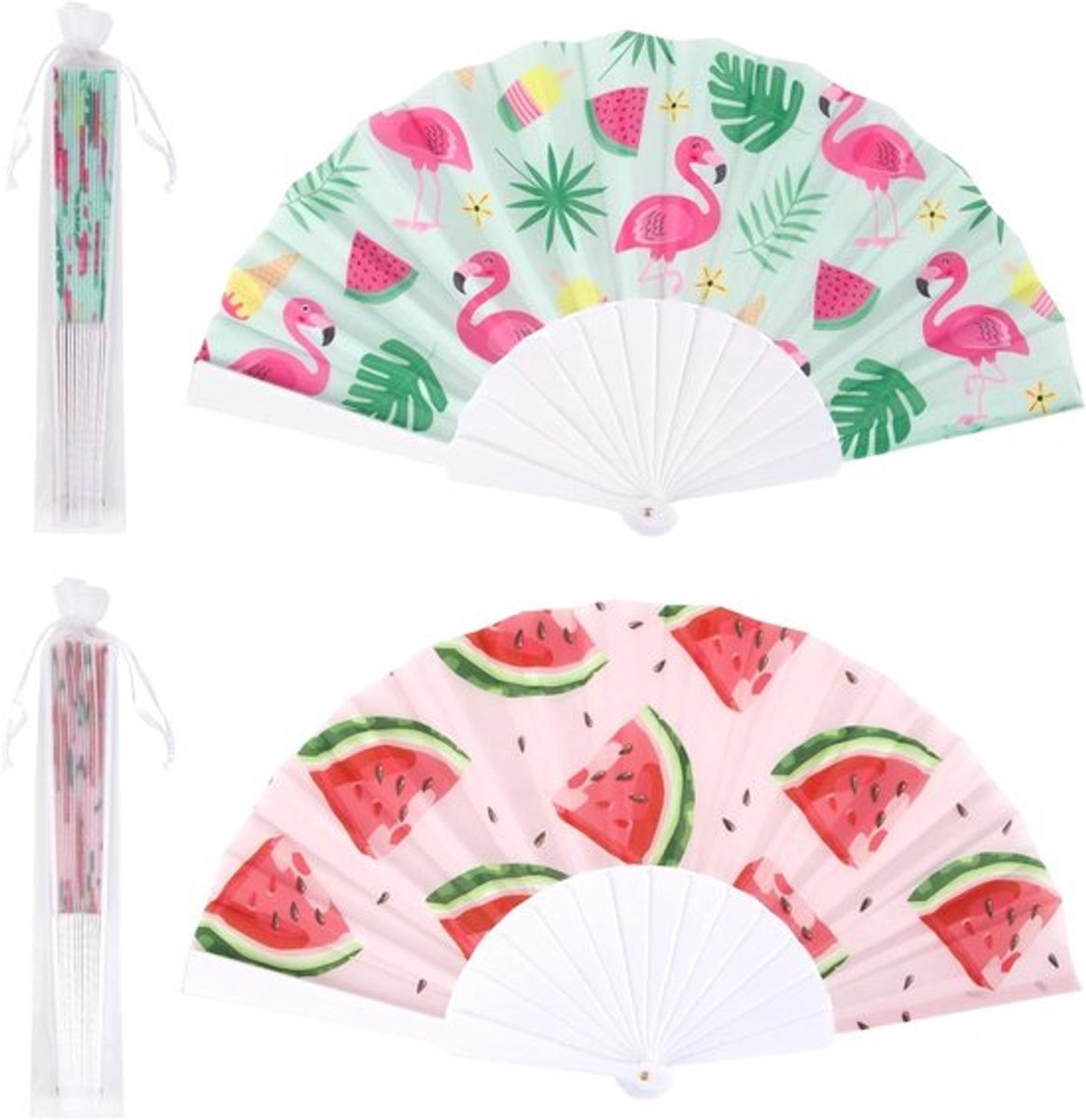 Set van 2 handventilators met flamingo en watermeloen patroon, opvouwbare waaier met organza hoes, perfect voor zomerfeesten, verjaardagen en poolparty's