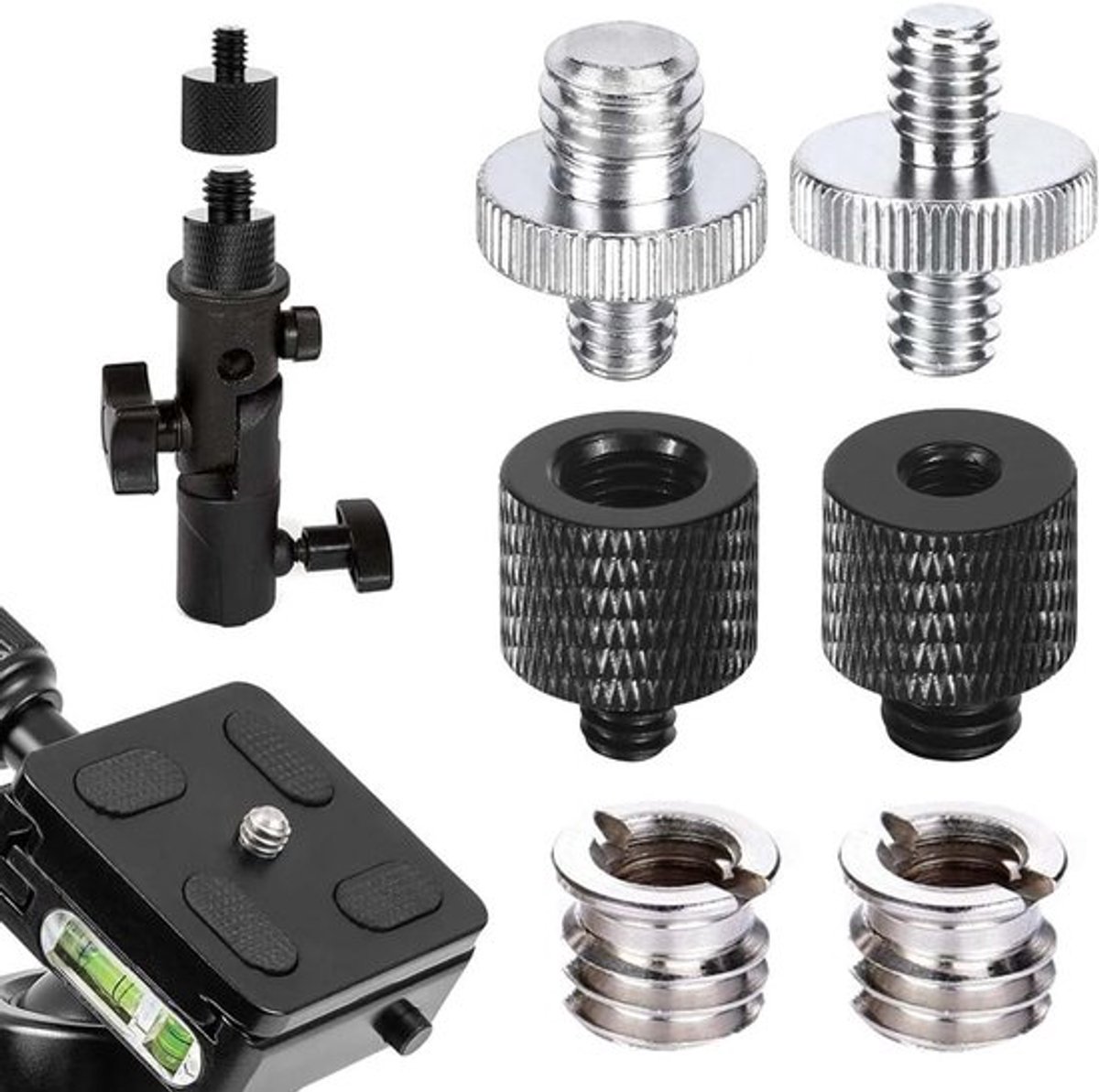 Driehoekige adapterset van 3/8 en 1/4 inch met 6 stuks: schroeven, moeren en statiefaccessoires