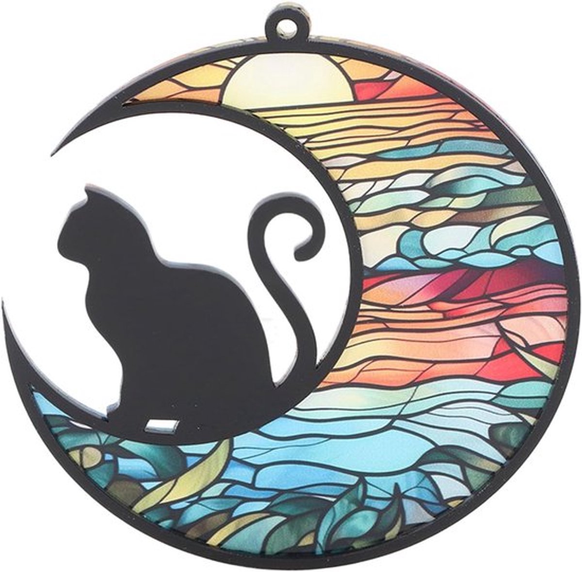 Kleurvolle Acryl Kat Suncatcher voor Raamdecoratie, Maan en Kat Geïnspireerd, Herinnering voor Kattenliefhebbers, Unieke Stained Glass Decoratie