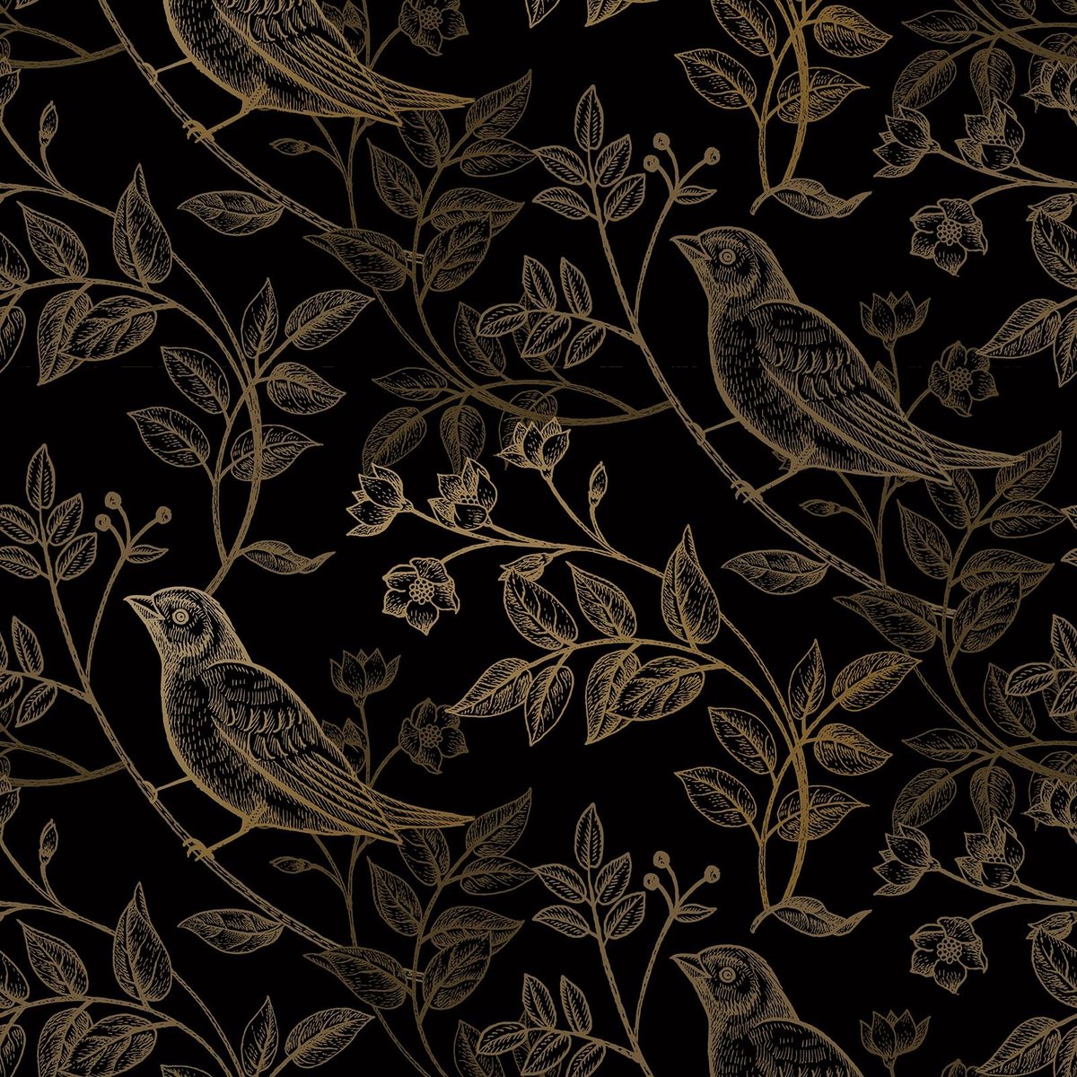Solidchoice - Vintage Behang met Vogels en Bloemen Zwart en Goud 44.5cm x 200cm