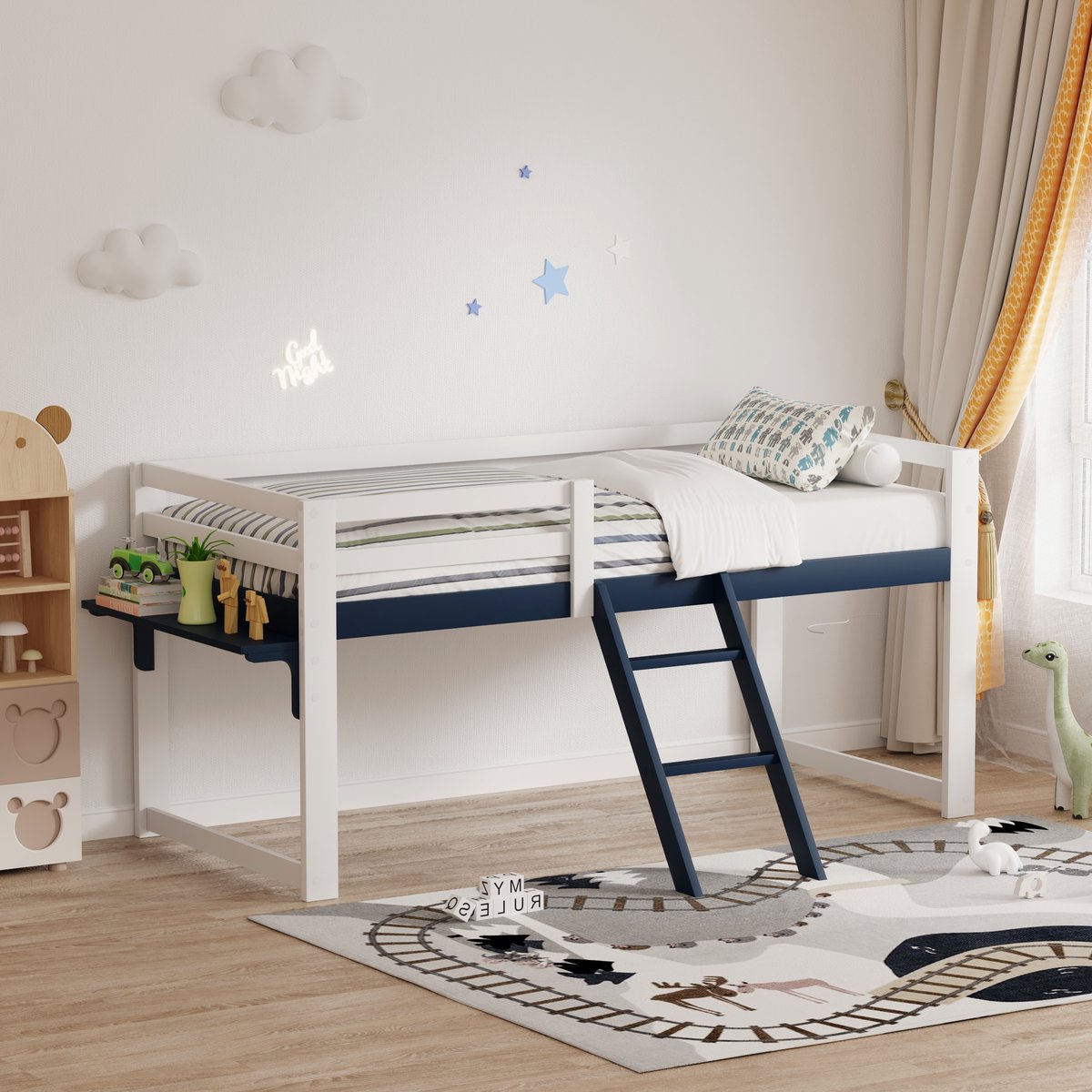PHOEBE CAT Halfhoogslaper - 90 x 200 cm - Kinderbed - Houten frame - Met valbeveiliging - Opbergplank - Wit + Marineblauw