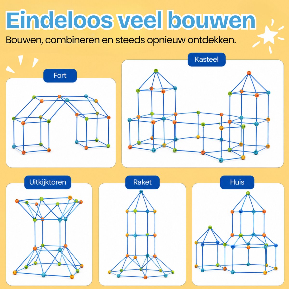 TinyPlay Fort Bouwpakket XXL 336 Onderdelen - Speelgoed 4 Jaar 5 Jaar - Kinderspeelgoed - Sensorisch Speelgoed - Bouwset Jongens Meisjes - Hut Bouwen - Speeltent -Megafort - Montessori Educatief Speelgoed - Incl. Opbergtas — afbeelding 8