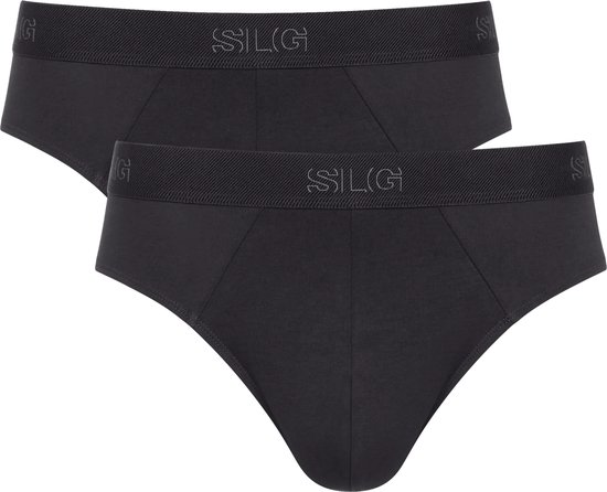 Twee zwarte SLG slips naast elkaar met geribbelde band met SLG-logo.