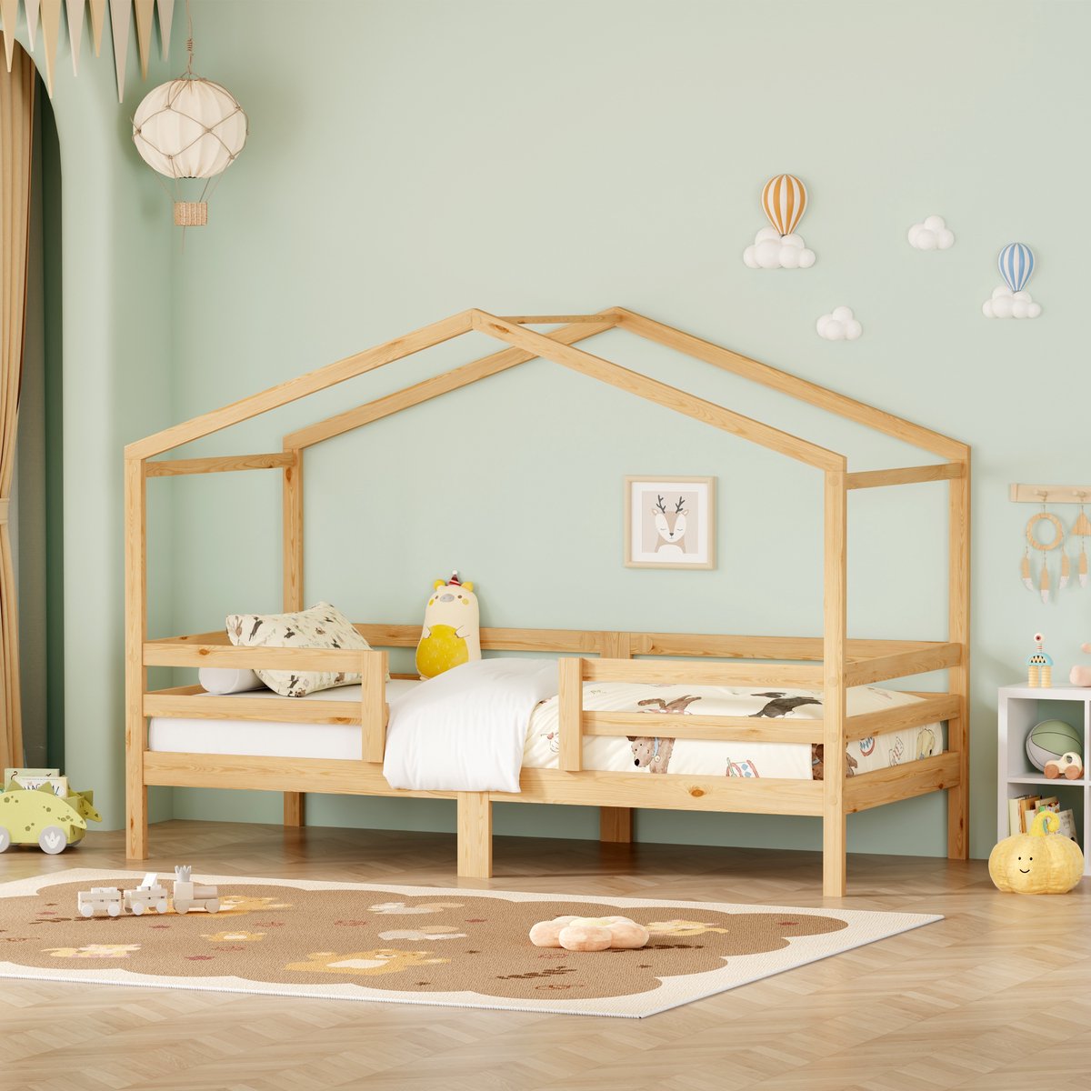 PHOEBE CAT Kinderbed - 90 x 200 cm - Houten bed - Huisvorm - Valbeveiliging - Natuurlijke