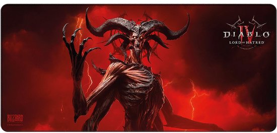 XL muismat met de demon Mephisto in rode, bliksemende lucht, met Diablo IV logo.