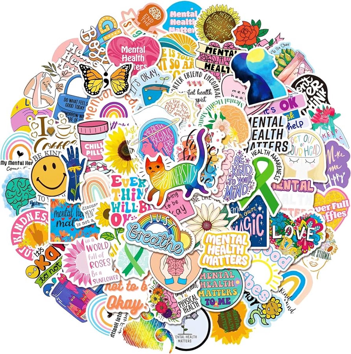 50x Mental health stickers - Mentale gezondheid stickers - Quotes stickers - Bullet journal stickers - Laptop stickers - Support - Inspirerende uitspraken - Meerdere kleuren - Jonyx