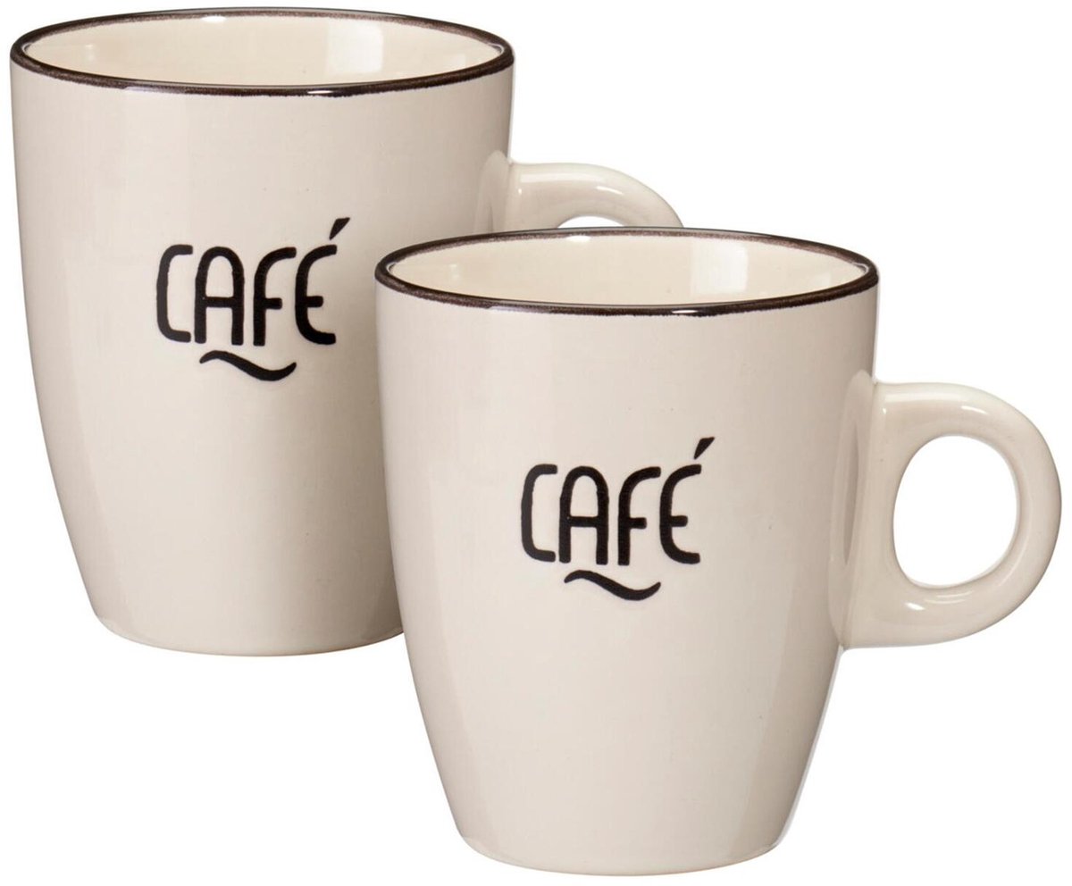 Siaki koffie kopjes Barista Cafe - 2x stuks - creme wit - 220 ml - mokken - keramiek - 10 cm - met koffie thema teksten