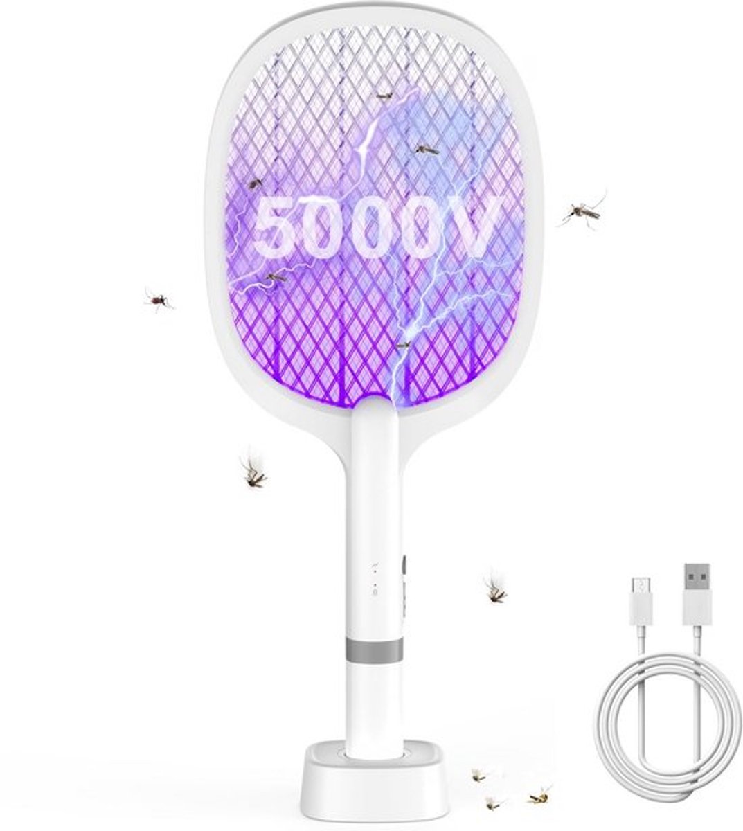 5000V Electric Fly Elektrische Vliegenmepper, Extra Sterke Vliegenmepper Elektrisch, 2 in 1 USB Type-C Elektrische Muggenmepper met Oplaadbare Batterij & UV Lichtval voor Muggen, Vliegen