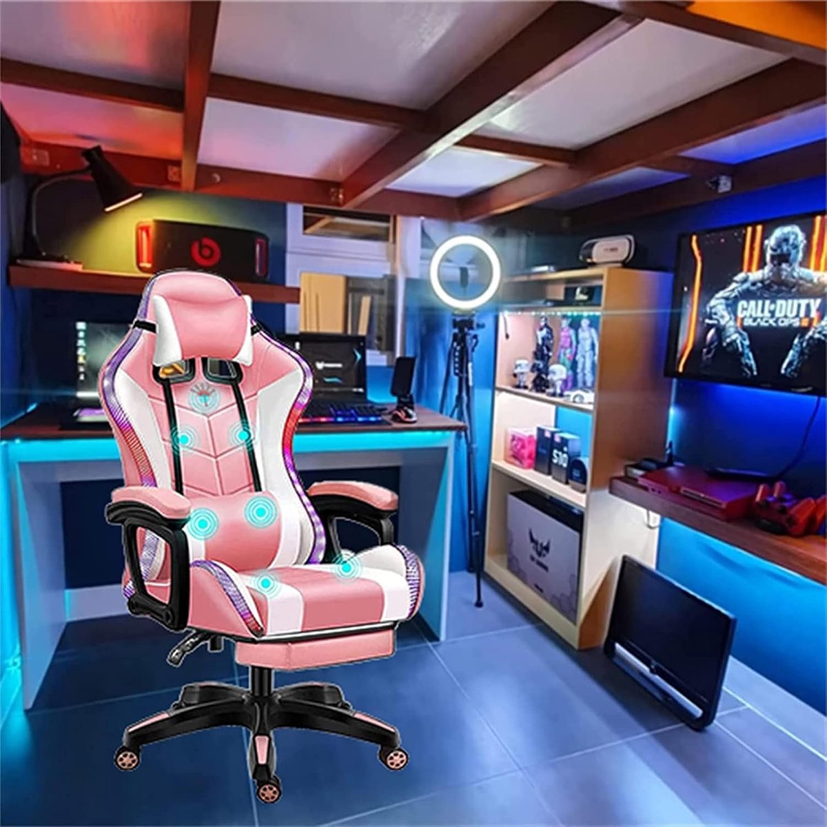 Massage Gaming Chair with Speakers and LED Lights Ergonomic Office Chair with Footrest Lumbar Support Adjustable - ShopVlot