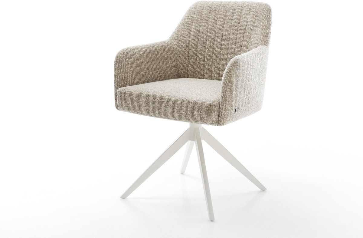 Eetkamerstoel Greg-Flex kruisframe breed wit geweven stof beige 360° draaibaar rocker-functie pocketveer kern