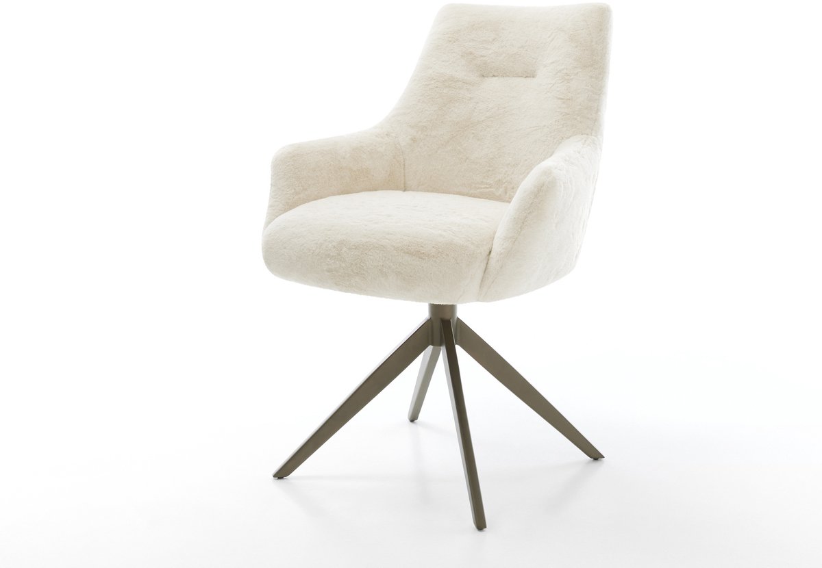 Eetkamerstoel Alja-Flex met armleuning kruisframe breed afwerking met titanium pluchen crème-wit 360° draaibaar rocker-functie pocketveer kern