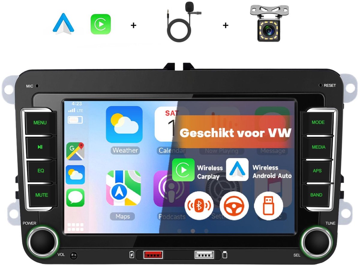 Boscer Draadloos Apple CarPlay Autoradio met Bluetooth - 7 Inch Scherm - Geschikt voor VW Golf, Polo, Passat / Seat Leon, Altea / Skoda Fabia, Yeti - Android Auto - Achteruitrijcamera & Microfoon