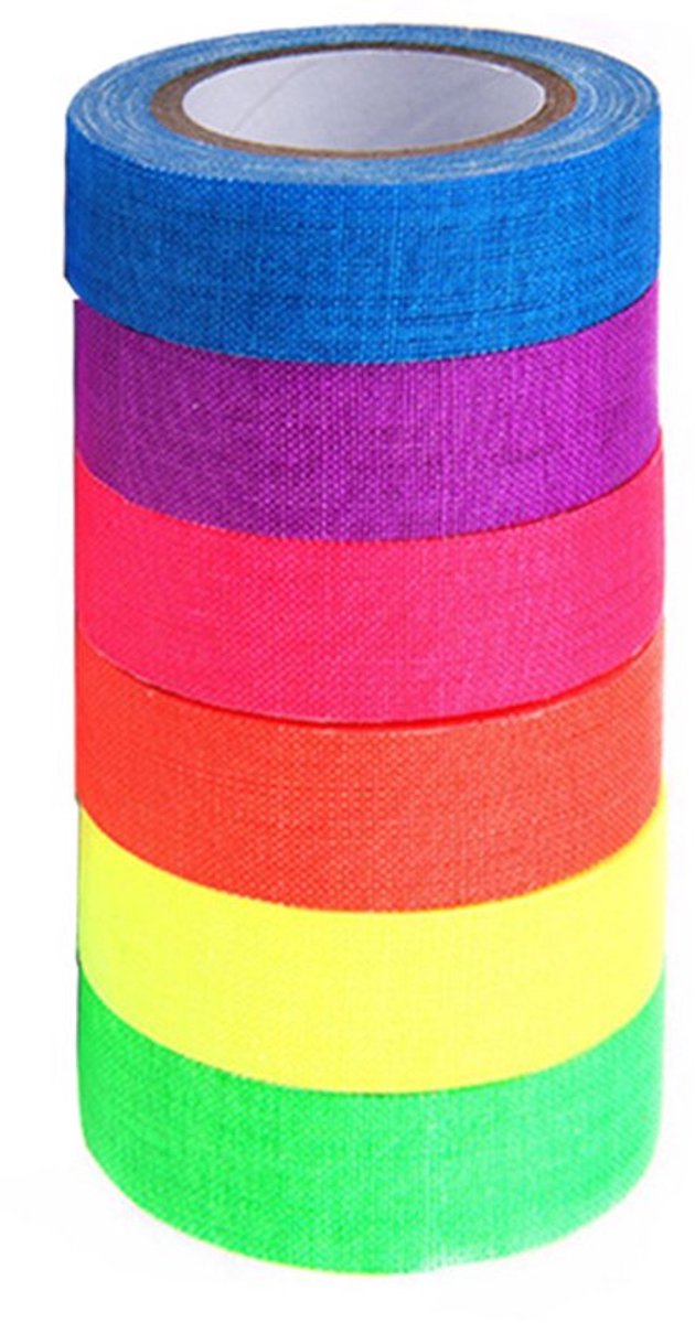 6 Stuks UV-Fluorescerende Katoentape, 1,5cm × 5m per rol, 6 neonkleuren, scheurbaar markeerlint voor podium en vloermarkering