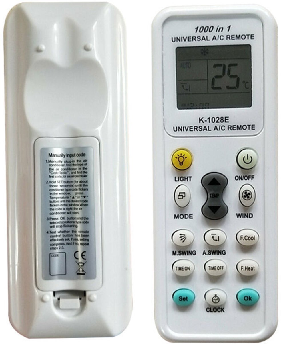 Universele afstandsbediening voor airconditioners, compatibel met geschikt voor LG, Gree, Midea, Toshiba, Haier, Daikin, Hitachi en andere merken. K-1028E universele afstandsbediening voor airconditioners, bediening met één knop.